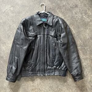 Vintage Weekends Leather Bomber Jacket Mens M Black Biker Full Zip Outdoor